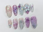 Dreamy Colorful Press On Nails | Summer Vibes with 3D Flower. Butterfly. Mermaid Designs | Cute/Adorable Blue and Pink Nail Art | OC353A