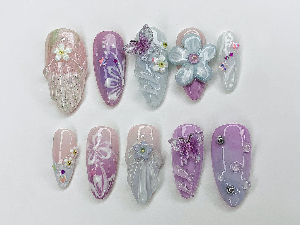 Dreamy Colorful Press On Nails | Summer Vibes with 3D Flower. Butterfly. Mermaid Designs | Cute/Adorable Blue and Pink Nail Art | OC353A