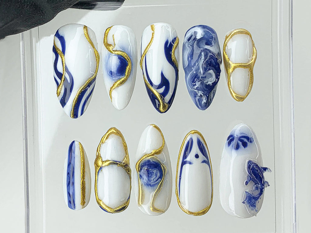Japanese Koi Fish Porcelain Nails | White & Blue Press-On Nails | Custom Handmade Bát Tràng Ceramic Nail Art from Vietnam | OB480AV