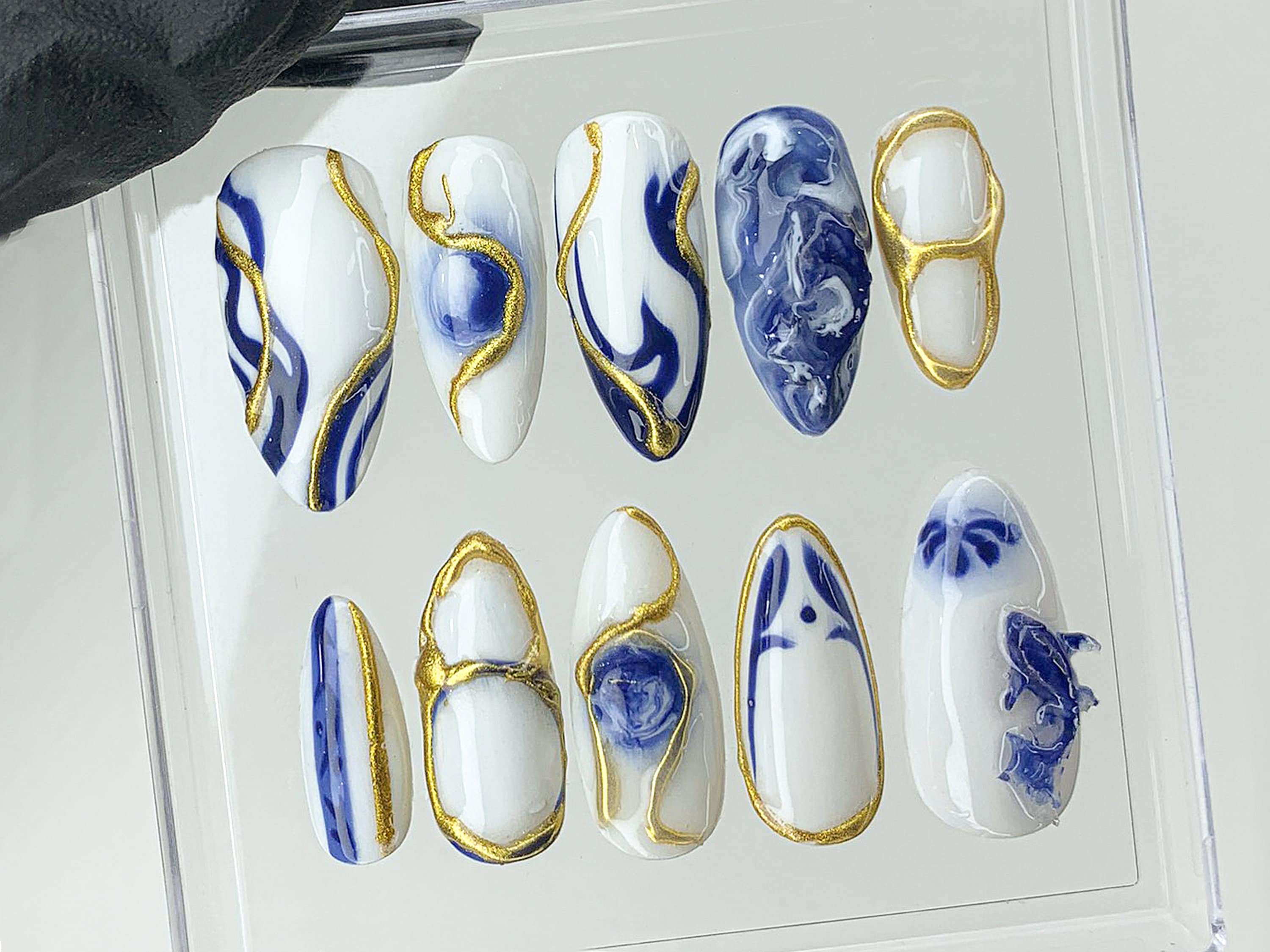 Japanese Koi Fish Porcelain Nails | White & Blue Press-On Nails | Custom Handmade Bát Tràng Ceramic Nail Art from Vietnam | OB480AV