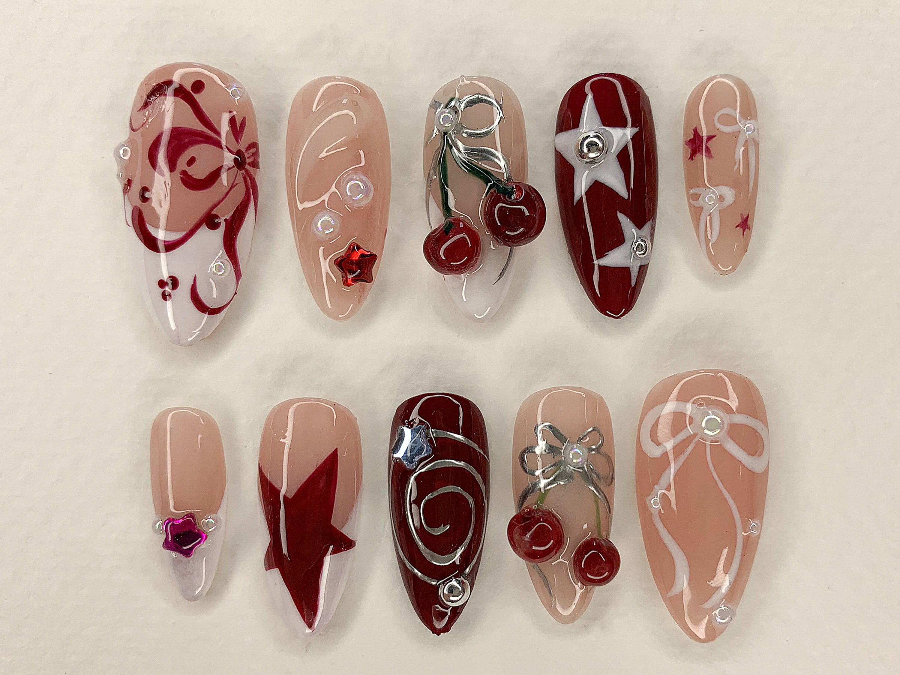 Red Cherry Blossom Nails | Cute Red & White Press On Nails | Y2K Star Style Nail Set | Summer. Holiday Nail Art | Gift | OC456AV