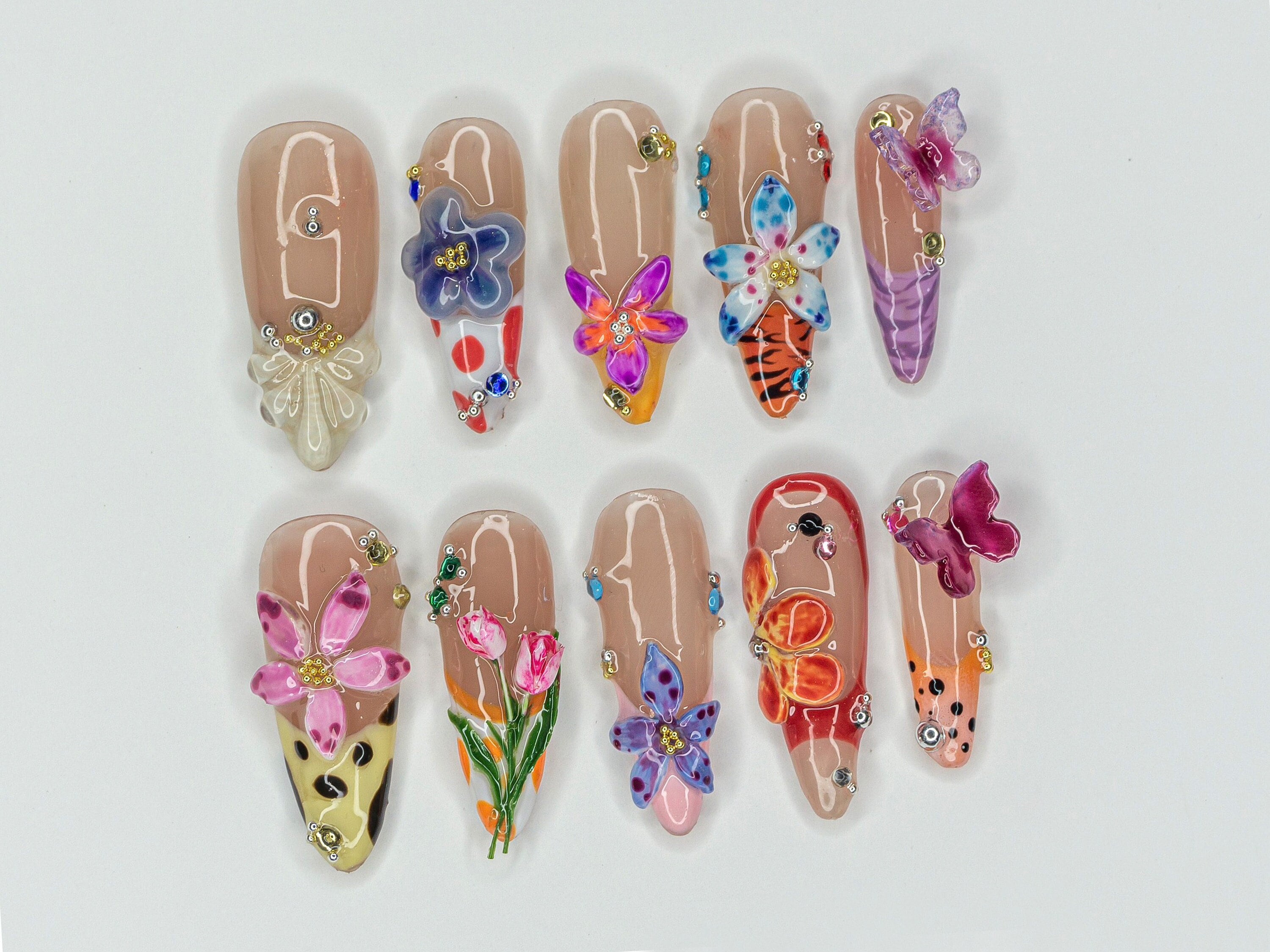 Colorful Flower Garden Press On Nails | Vibrant Bloom Fake Nails | Butterfly & Flower Nail Art | Floral Fantasy Acrylci Nails | OB426Y