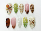 Jelly Ocean-Inspired Press On Nails Almond | 3D Beach Theme with Seashells and Mermaid Design | Handmade Press Ons for Summer Vibes | OB400A