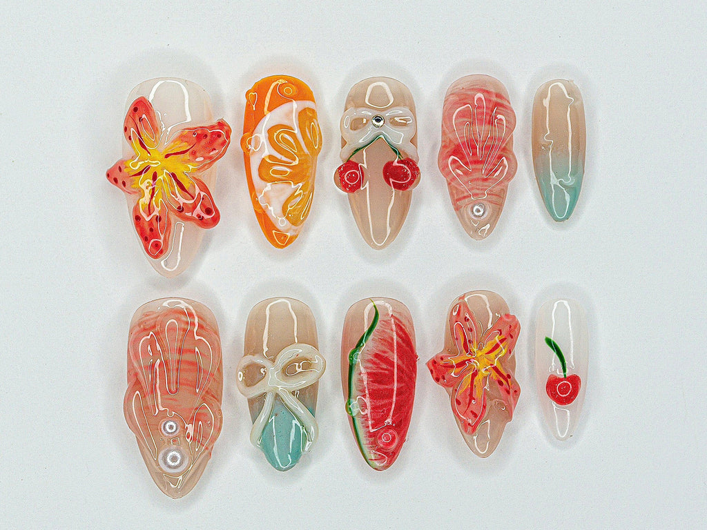 Red Cherry Blossom Nails | Cute Red & White Press On Nails | Y2K Floral Style Nail Set | Summer. Holiday Nail Art | Gift | OC460S