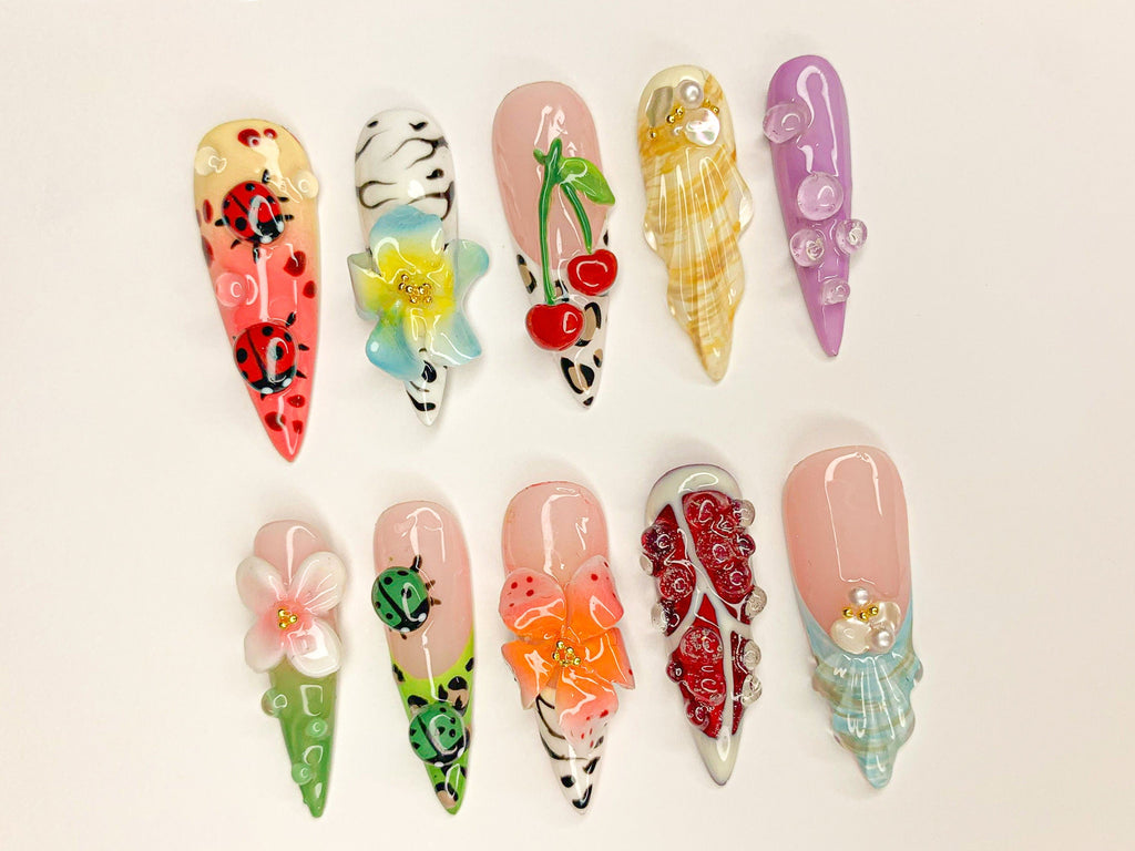 Kawaii 3D Press On Nails | Adorable 3D Nail Art | Cute Ladybug. Cherry. and Flower Designs | Vibrant 3D Kawaii Nails | OB461SL