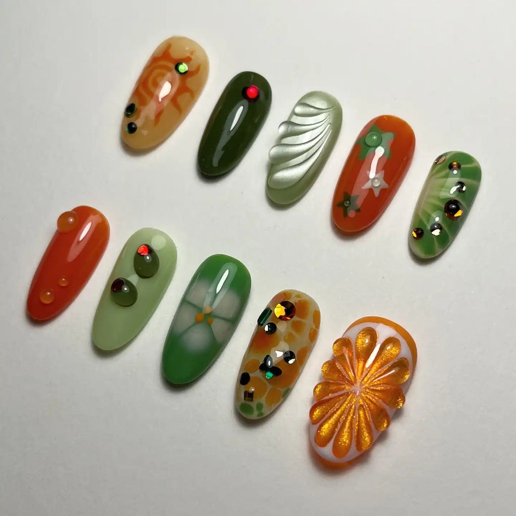 Handmade Abstract Citrus Summer Green Orange Rhinestone Press on Nails N86