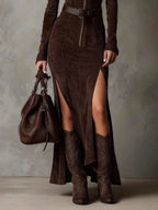 Vintage Brown V-Neck Zipper Slit Maxi Dress（Includes belt）