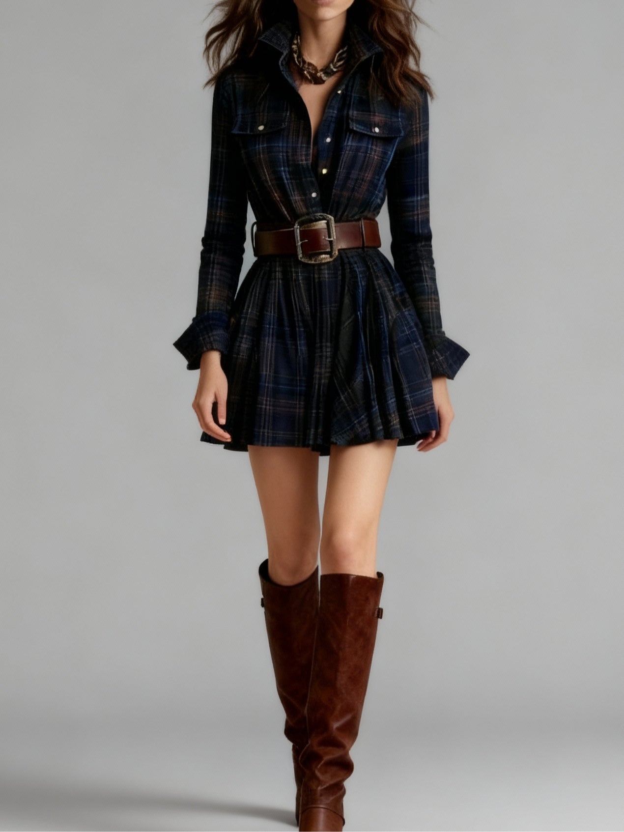 Vintage Lapel Red and Brown Plaid Mini Dress（Includes belt）