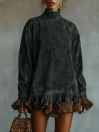 Turtleneck suede leopard print paneled hem mini dress