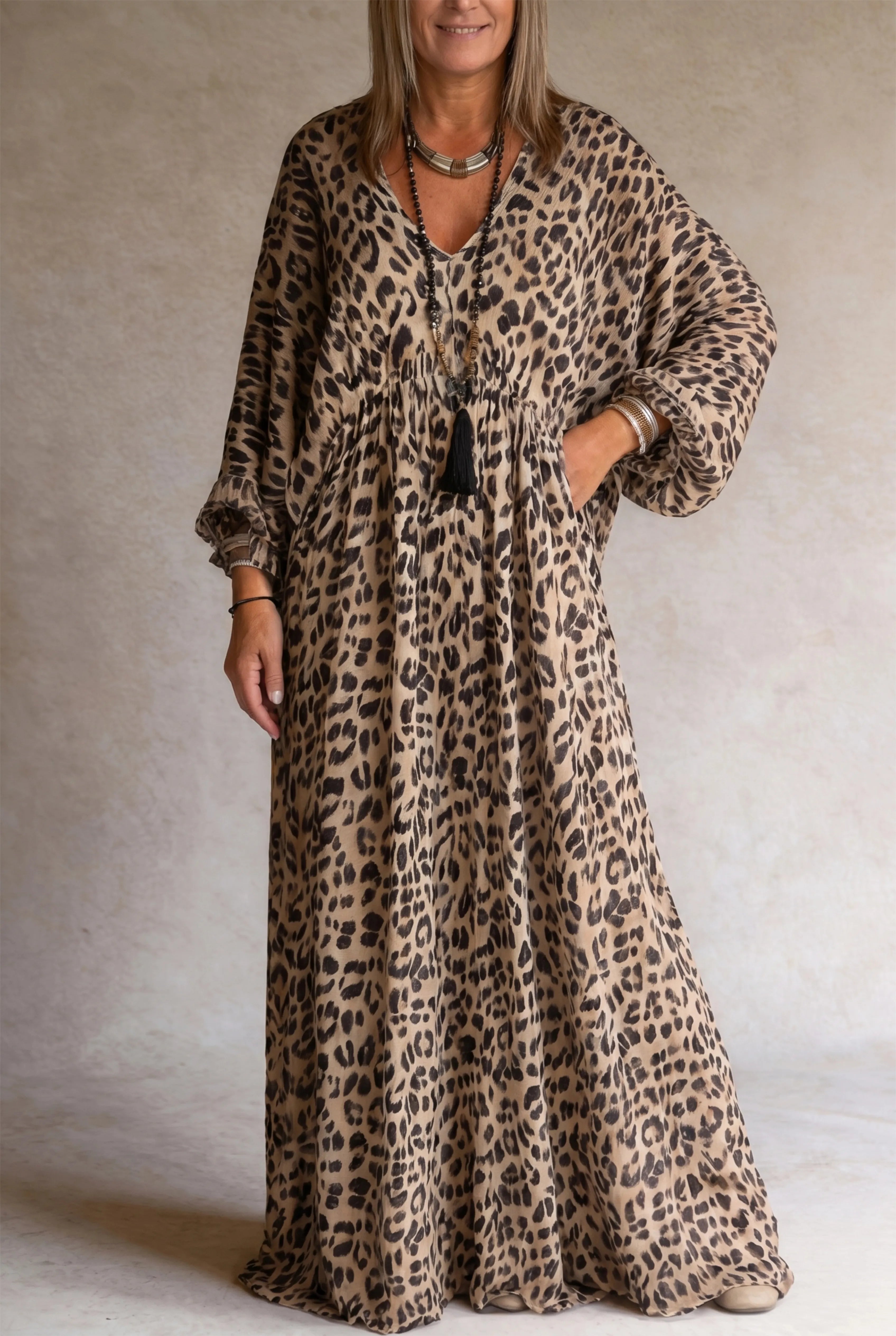 Elegant Leopard Print V-Neck Long Sleeve Dress – Effortless Style