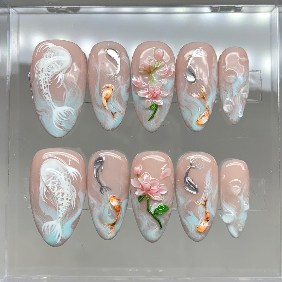 Koi Pond Bliss Press On Nails | Koi Floral Acrylic Nails | Serene Waters Nail Art | Blossoming Fake Nails | Zen Garden Koi Nails | OB479Y