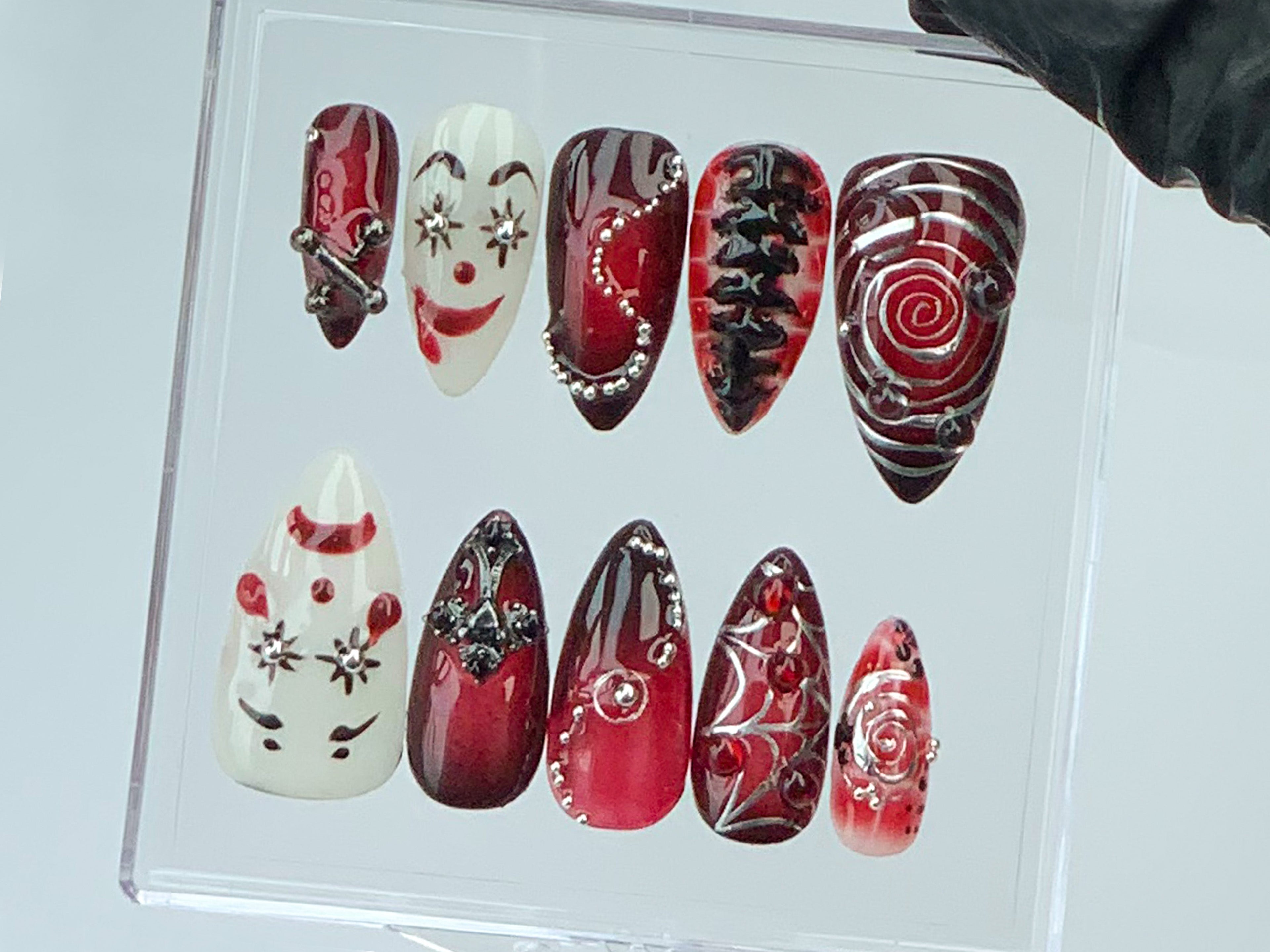 Red Gothic Clown Press-On Nails | Horror Clown Acrylic Nails | Spooky Y2K Halloween Nail Art | 3D Gothic Fake Nails | Unique Design | OB587Y