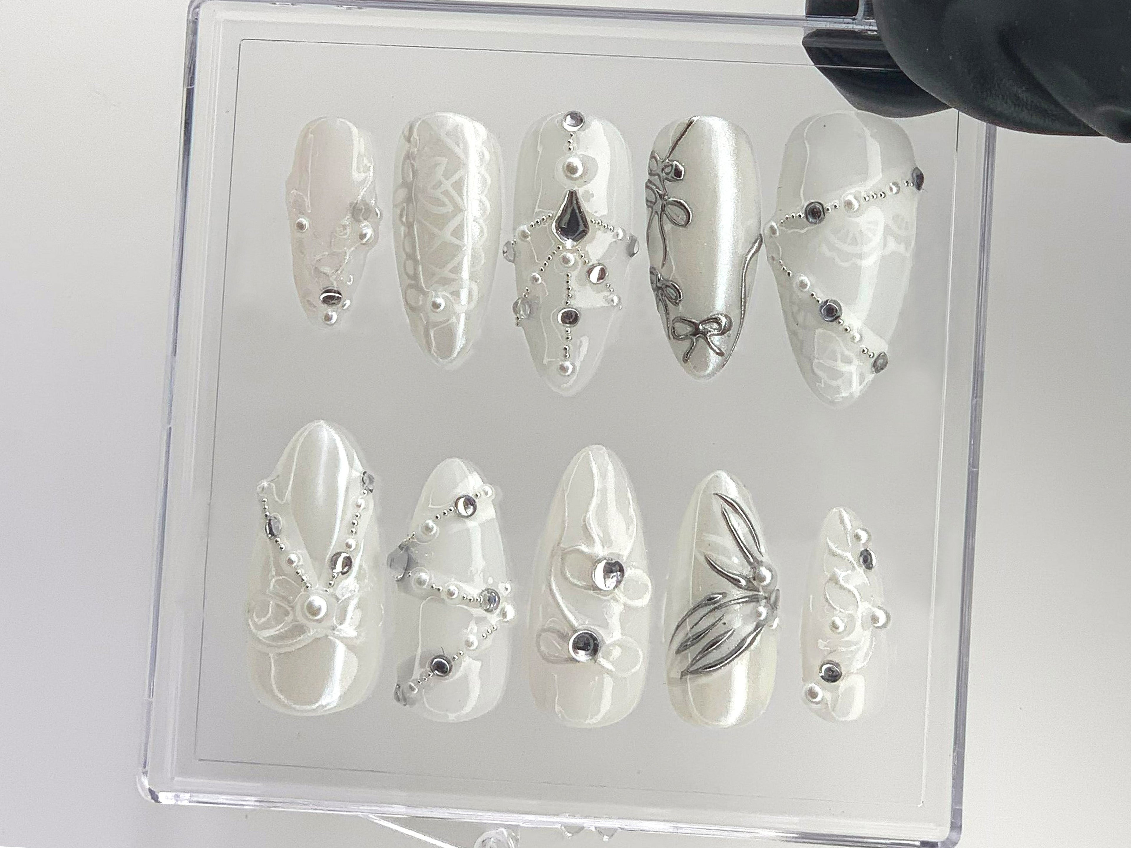 Chic Bridal Press On Nails | Sophisticated White and Silver Fake Nails | Elegant Pearl Acrylic Nails | 3D Pearl Design Nail Art | OC554YL