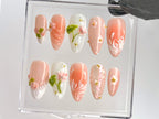 Sophisticated Lotus Flower Press On Nails |  3D Pink and White Lotus Acrylic Nails | Handcrafted Lotus Blossom Nail Art | Soft Nail |OC545YL