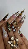 Galaxy Crystal Press On Nails | 3D Gemstone Rock Fake Nails | Gold Metal Accent Nail Art | Crystal Gemstone Press Ons | Luxury Nails |OB463Y