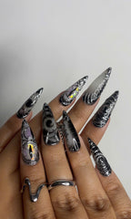 Long Black Stiletto Press On Nails | 3D Chrome Gothic Nail Set | Holographic Abstract Fake Nails OB463L