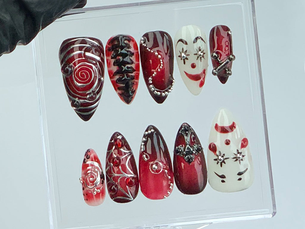Red Gothic Clown Press-On Nails | Horror Clown Acrylic Nails | Spooky Y2K Halloween Nail Art | 3D Gothic Fake Nails | Unique Design | OB587Y