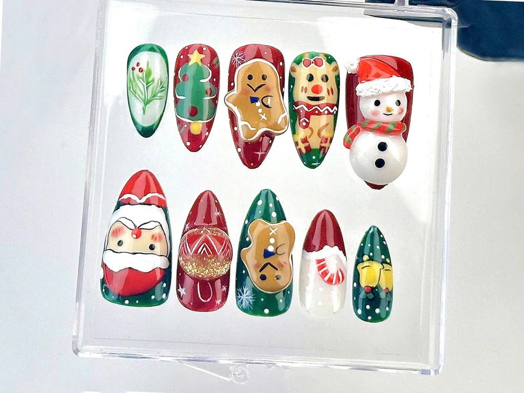 Festive Christmas Press On Nails | Santa And Snowman Fake Nails | Holiday Spirit Nail Art | Cute Gingerbread Acrylic Nails | Winter |OB619YK