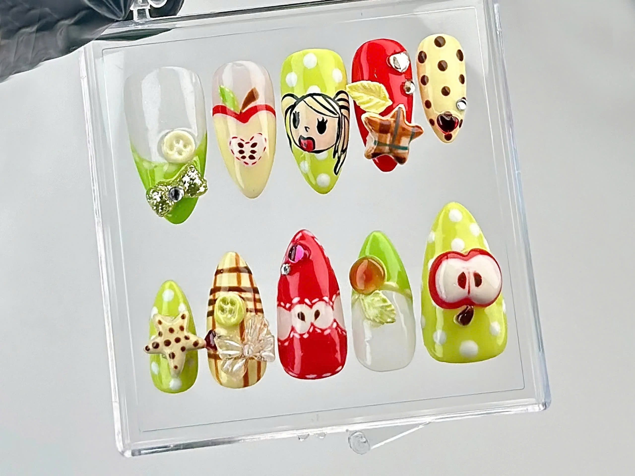 Juicy Fruit Delight Press On Nails | Fruity Fun Acrylic Nails | Watermelon. Strawberry & Apple Designs Press On | Summer Nail Art | OB644YC