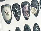 Mystical Midnight Garden Press On Nails | Crystals & Gemstones Fake nails| Dark Floral Fantasy Nail Art | Black Elegance Nails | OB638YC