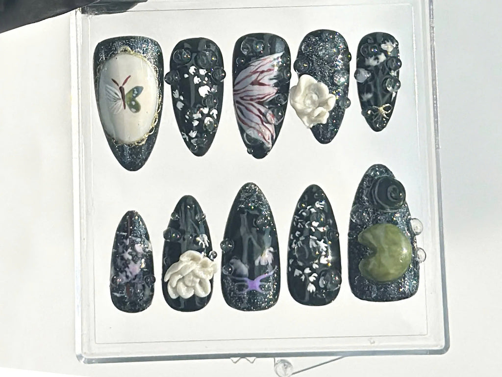 Mystical Midnight Garden Press On Nails | Crystals & Gemstones Fake nails| Dark Floral Fantasy Nail Art | Black Elegance Nails | OB638YC