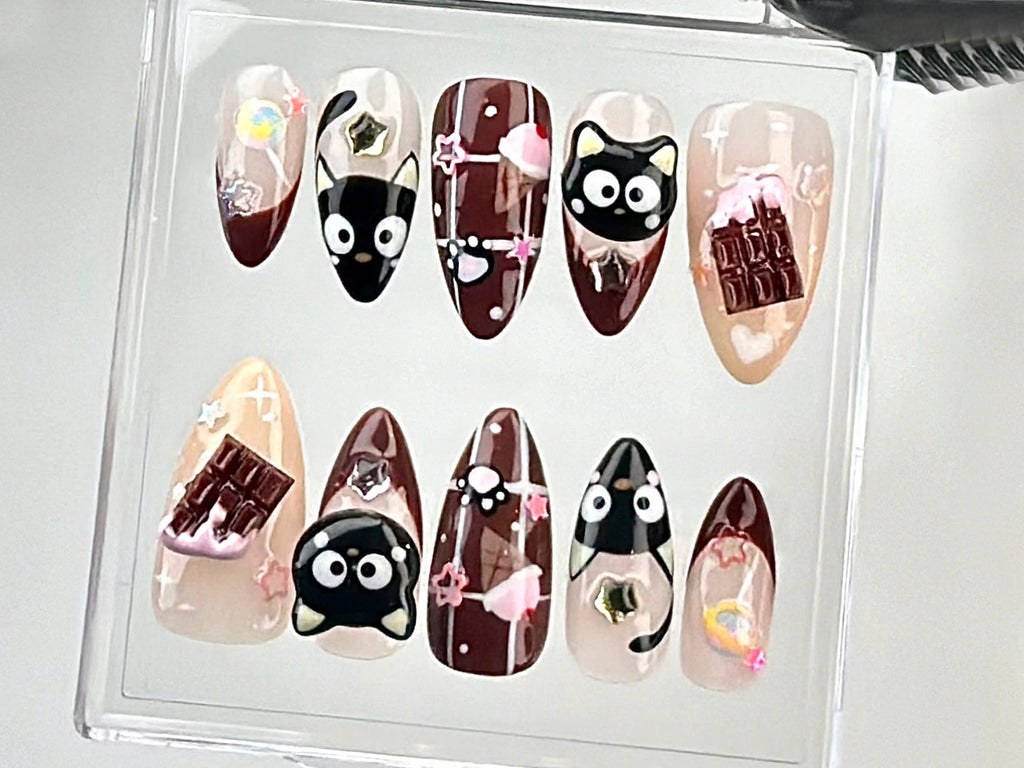 Cute Chocolate & Kitty Press On Nails | Adorable 3D Chocolate Cat Fake Nails | Sweet and Stylish Looks Nail Art | Cute Nails | OC673Y