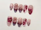 Elegant Floral Press-On Nails | Handcrafted Pink - Burgundy Gradient |3D Flowers - Rhinestone Accents| Perfect for Special Occasions|OC349SL
