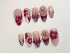 Elegant Floral Press-On Nails | Handcrafted Pink - Burgundy Gradient |3D Flowers - Rhinestone Accents| Perfect for Special Occasions|OC349SL