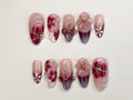 Elegant Floral Press-On Nails | Handcrafted Pink - Burgundy Gradient |3D Flowers - Rhinestone Accents| Perfect for Special Occasions|OC349SL